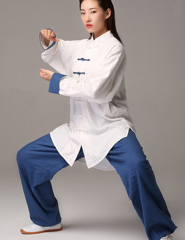 Blue green white Linen Tai Chi Clothing for unisex chinese kung fu martial art wushu practice stage performance clothes morning exercises fitness uniforms for women and men
