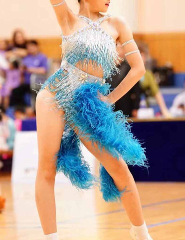 Custom Size Blue Feather Competition Latin Dance Dresses for Women Girls Blackpool Dance Wear