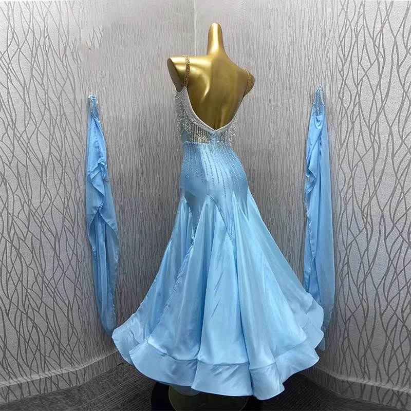 Custom Size Women's Blue Ballroom Dance Dress Rhinestones Competition Smooth Long Gown