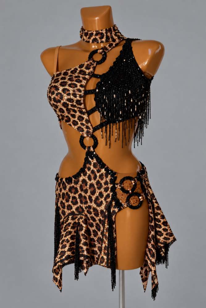 Custom Leopard & Black Competition Latin Dress - Sparkly Gold Crystal Samba Salsa Dancewear
