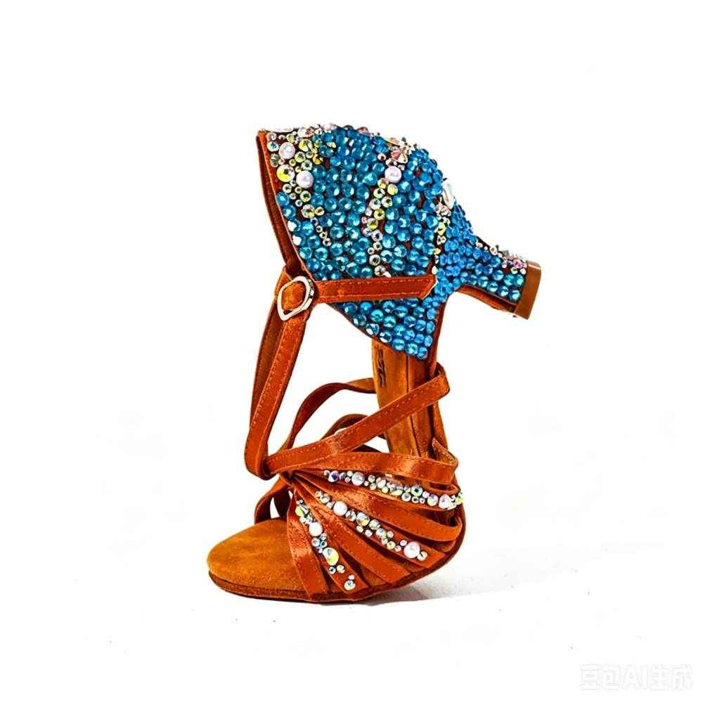 Women Bronze Latin Dance Shoes with Blue Crystals Soft Soles Salsa Rumba Chacha Sandals