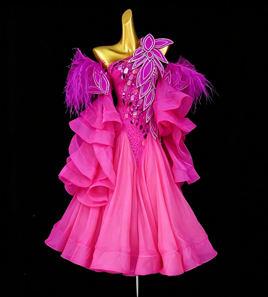 Custom Size Fuchsia Blue Feather Petal Competition Ballroom Dance Dress Smooth Foxtort Blackpool Dance Gown