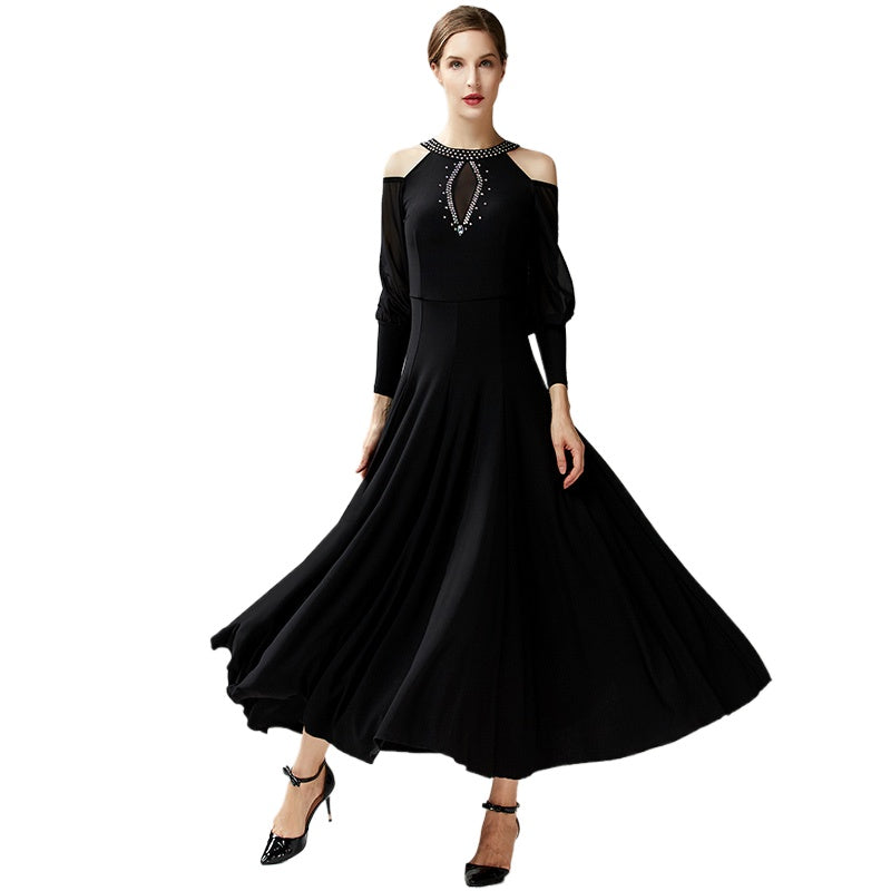 Mint Black Hollow Shoulder Ballroom Dance Dresses for Women Girls Waltz Tango Smooth Dance Long Gown - Moderndancedress.com