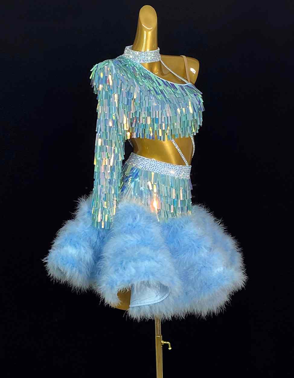 Custom Size Competition Latin Dance Dresses for Women One Shoulder Feather Salsa Rumba Chacha Performance Dance Costumes