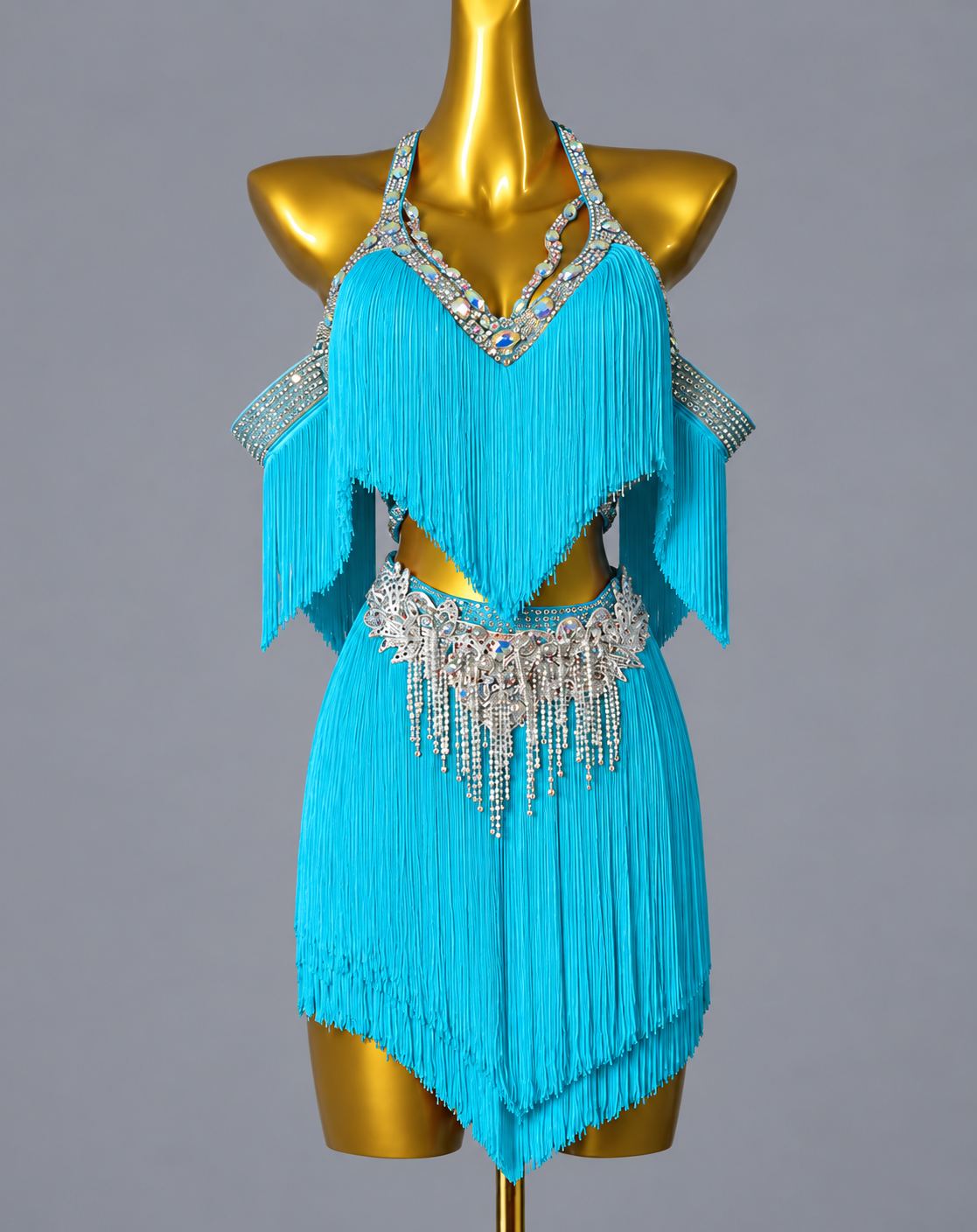 Custom Turquoise Competition Latin Dance Dress Crystal Rhinestone Fringe
