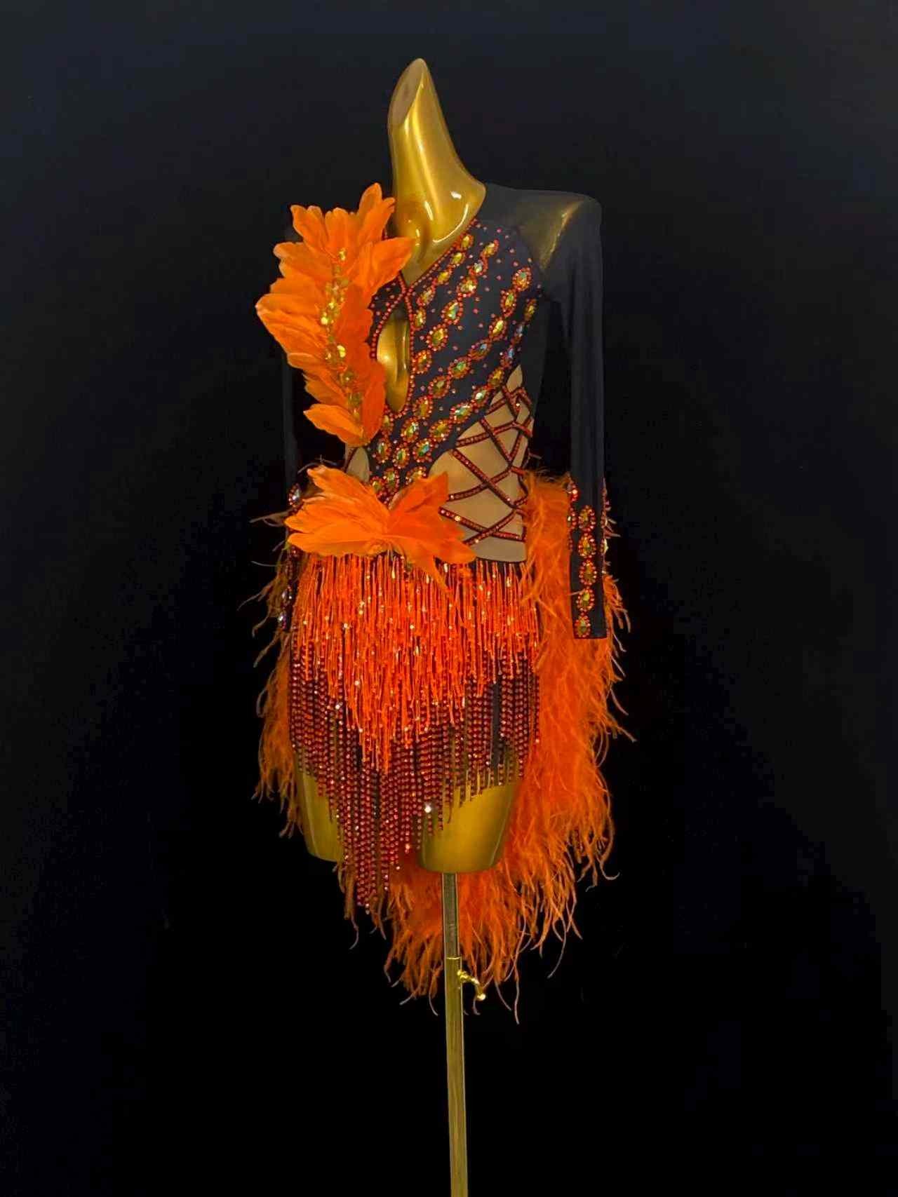 Custom Size Latin Dance Dresses  for Women Orange Feather Salsa Rumba Chacha Samba Latin Dance Skirt Performance Costumes