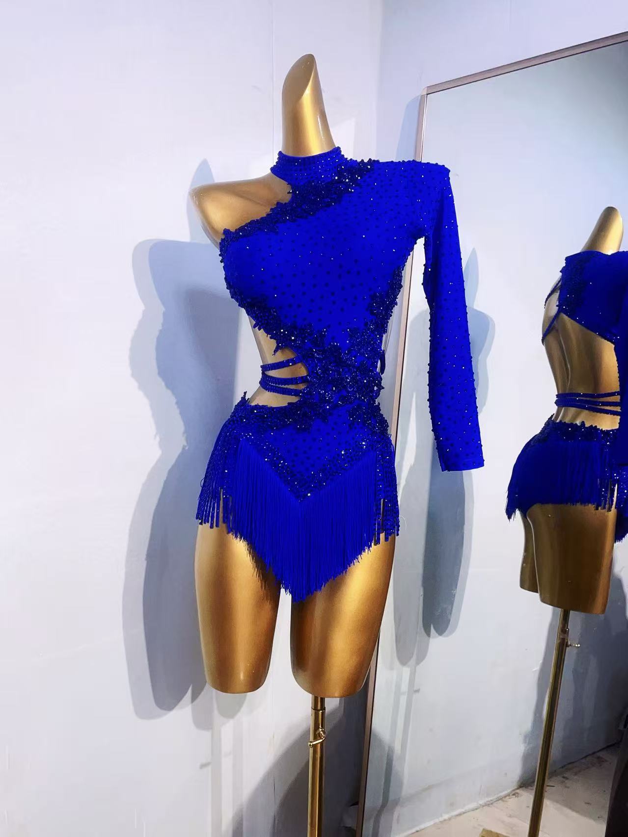 Custom Size Latin Dance Dresses Dark Green Blue Slant Neck Salsa Rumba Chacha Latin Dance Costumes