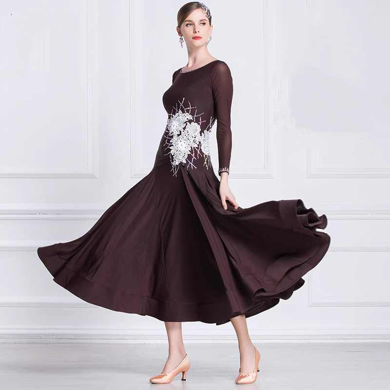 Custom Size Coffee Ballroom Dance Dresses for Women Coffee Color Competition Waltz Tango Rhythm Foxtrot Smooth Dance Long Gown - Moderndancedress.com