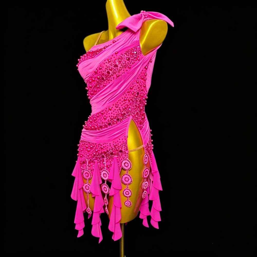 Custom Professional Fuchsia Latin Competition Dress - Blue Crystal Ruffle Gown