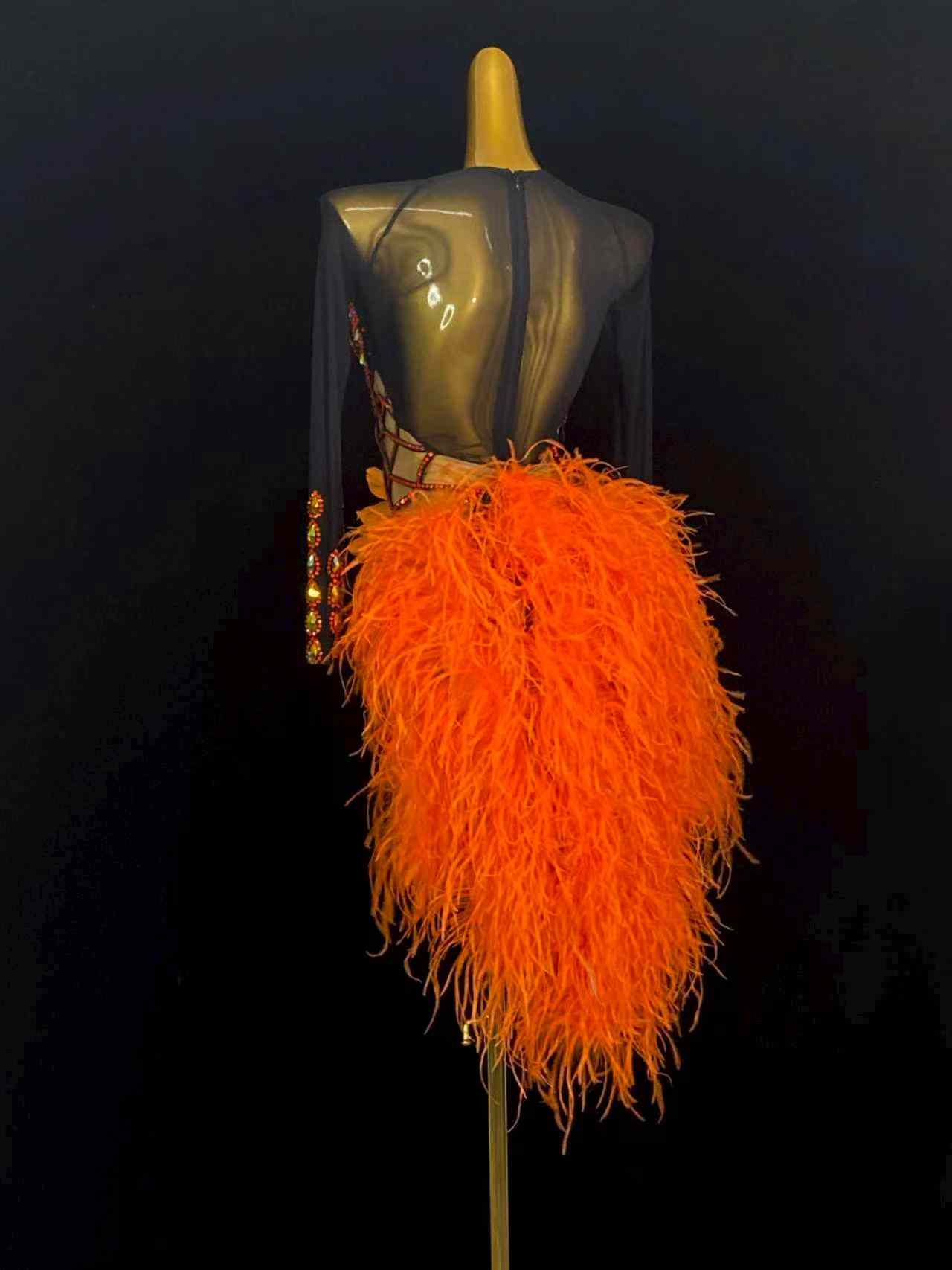 Custom Size Latin Dance Dresses  for Women Orange Feather Salsa Rumba Chacha Samba Latin Dance Skirt Performance Costumes