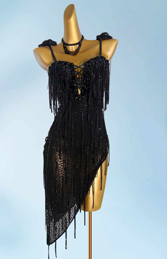 Custom Size Black Rhinestones Latin Dance Dresses for Women Girls Salsa Rumba Chacha Latin Dance Costumes Inclined Skirts