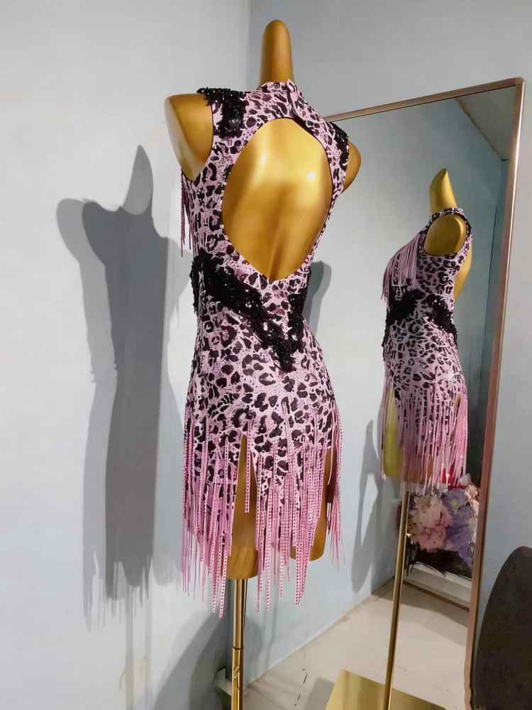 Custom Size Pink Leopard Latin Dance Dresses Salsa Chacha Dancing Costumes