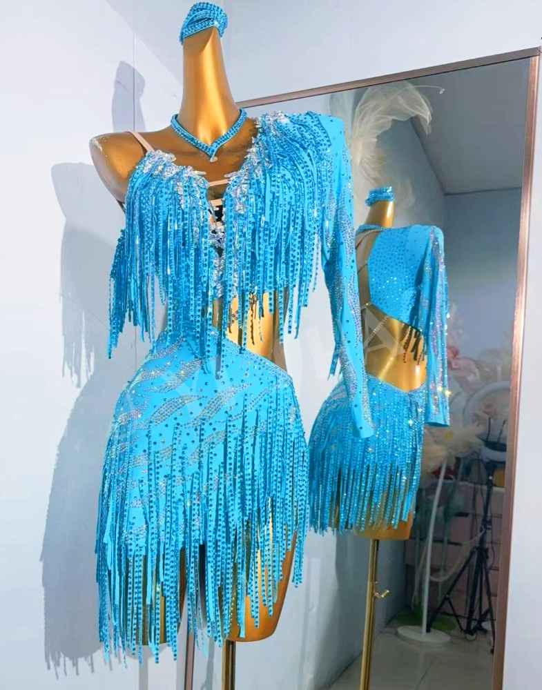 Custom Size Blue Competition Latin Dance Dresses Green Salsa Rumba Chacha Latin Dance Costumes