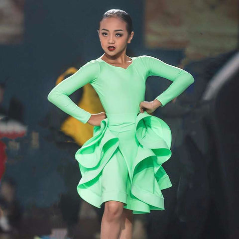 Children's Latin Dance dresses blue pink green Regulations Competition Uniforms Girls Professional Standards Grading Examination skirts - Moderndancedress.com
