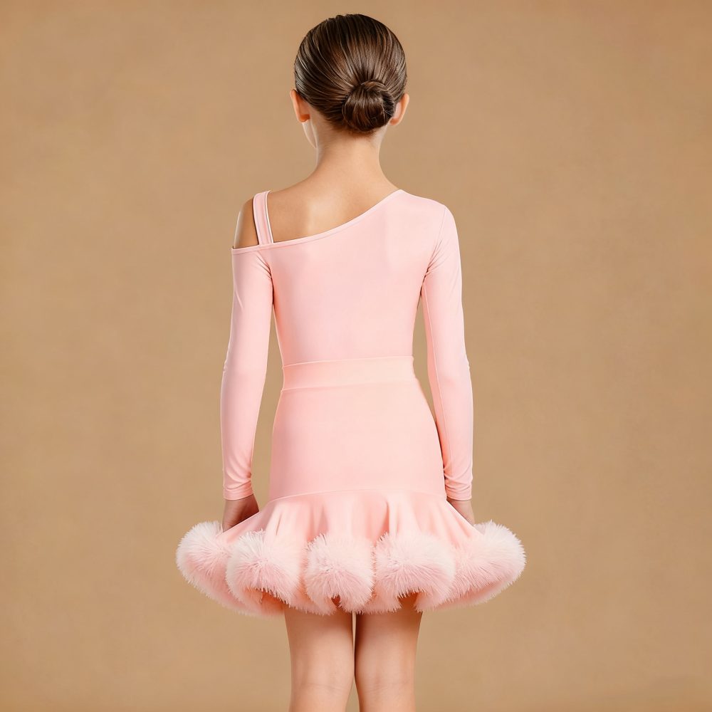 Girls Latin Dance Dresses Kids Pink Bowknot Slant Neck Salsa Rumba Chacha Latin Ball Party Performance Costumes