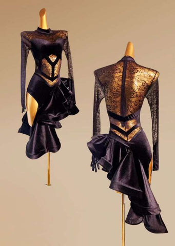 Custom size black lace Latin Dance Competition dresses for women girls kids salsa rumba samba chacha solo Professional Art Exam Long Sleeve dance wear - Moderndancedress.com