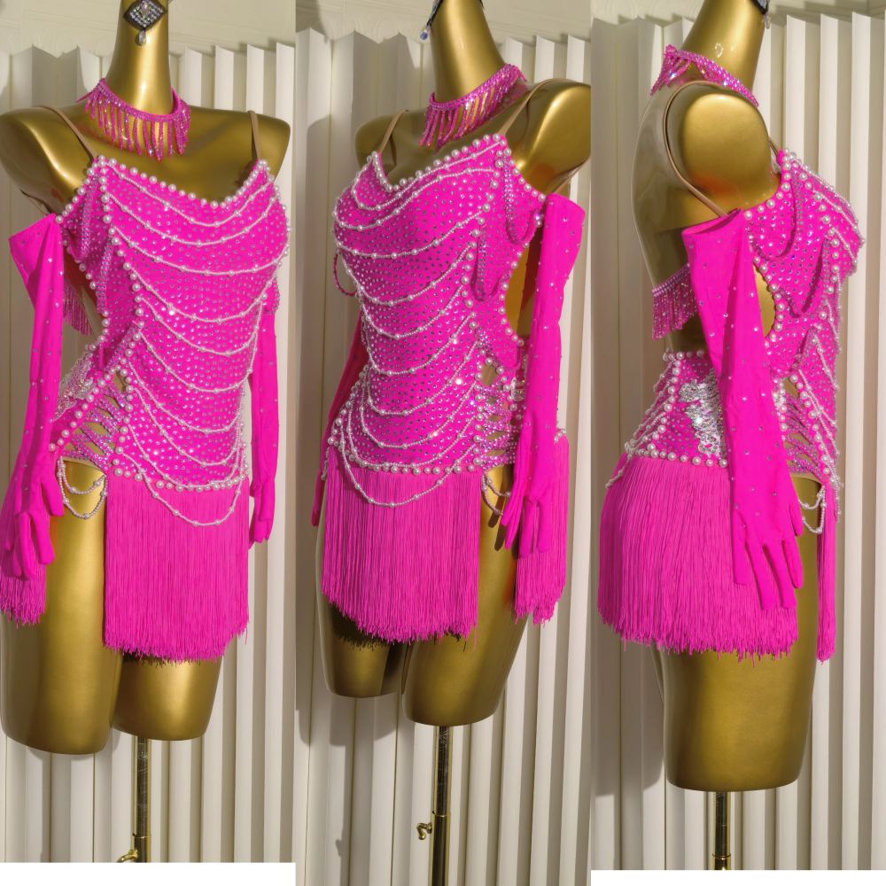 Custom Competition Green Latin Dance Dress with Fringe & Rhinestones Hot Pink Salsa Costume