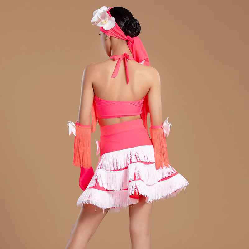 Coral Fringe Competition Latin Dance Dresses for Girls Kids Salsa Rumba Chacha Pleated Skirt Party Dress Performance Modern Dance Outfits for Kids - Moderndancedress.com