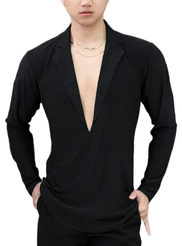 Men's Black Latin Dance Shirt Lapel Collar Salsa Rumba Chacha Tango Performance Tops Mesh Back