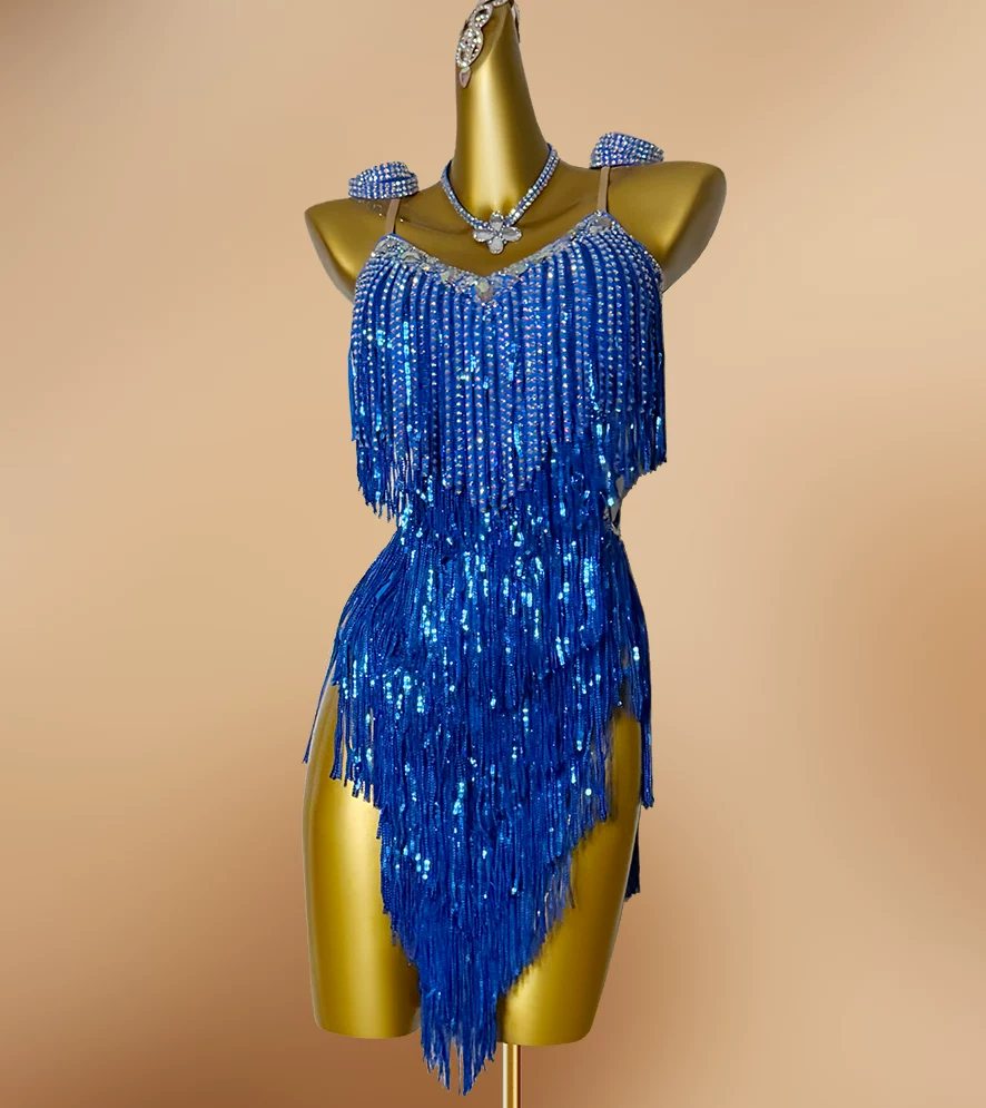 Custom Blue & Purple Sequin Latin Dance Dress Rhinestone Salsa Gown