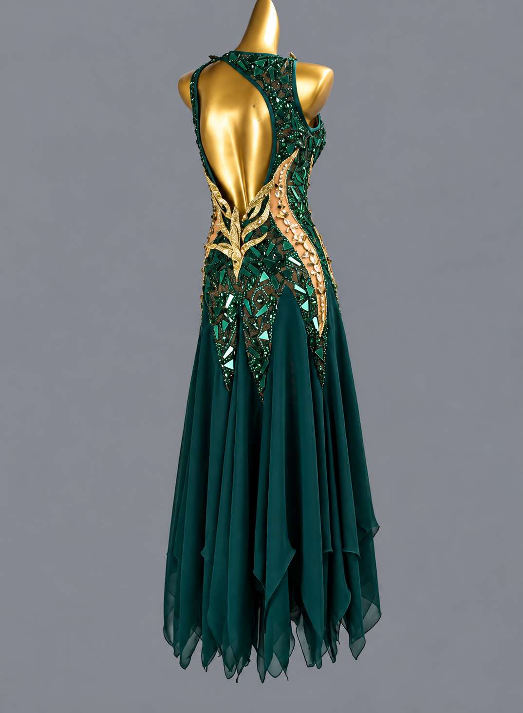 Custom Sparkly Green & Gold American Smooth Dress Crystal Leaves Ballroom Dance Gown