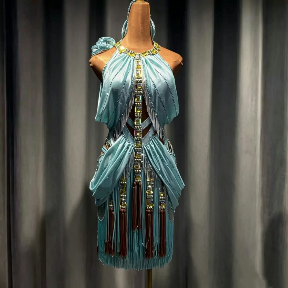 Custom Sparkly Jeweled Latin Dance Dress with Fringe Salsa Blackpool Competition Outfit