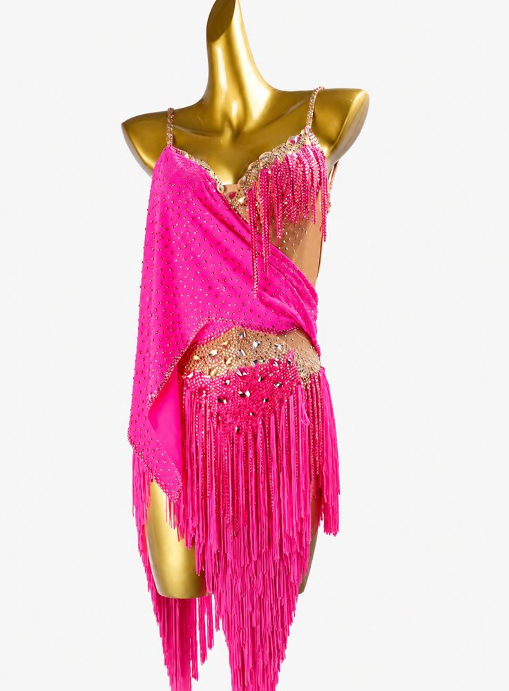 Custom Turquoise Rhinestone Latin Dance Dress with Fringe & Drape