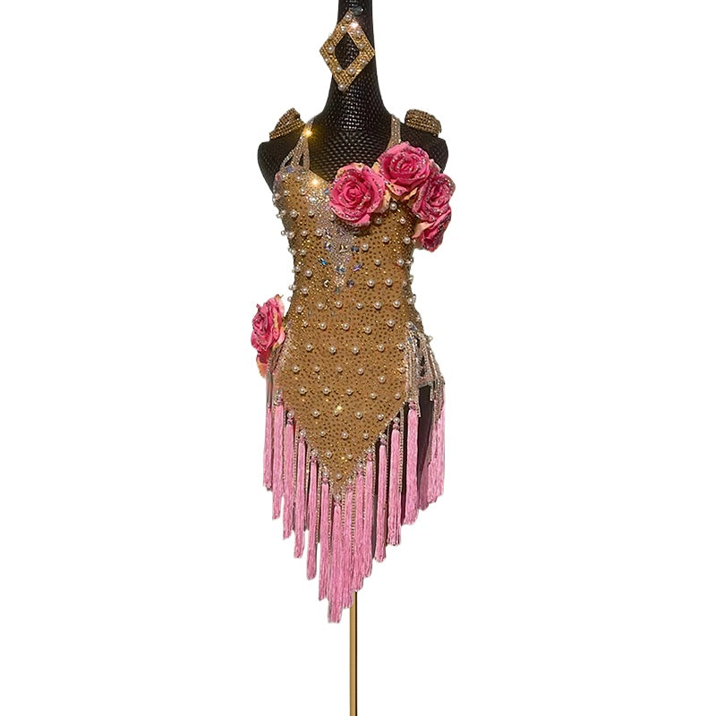 Custom Size Pink Flowers Latin Dance Dresses for Women Girls Salsa Rumba Chacha Blackpool Dance Clothes - Moderndancedress.com