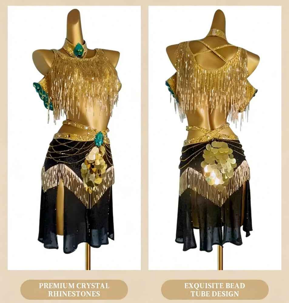 Custom Gold Fringe Latin Dance Dress, Sequin Women's Samba Rumba Cha Cha Performance Rhythm Dancewear