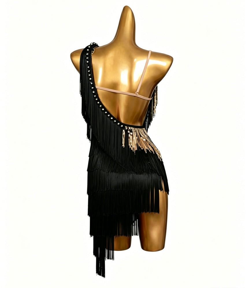 Custom Size Emerald Green Latin Dance Dress - Gold Sequins & Fringe Performance Outfit | Black & Red