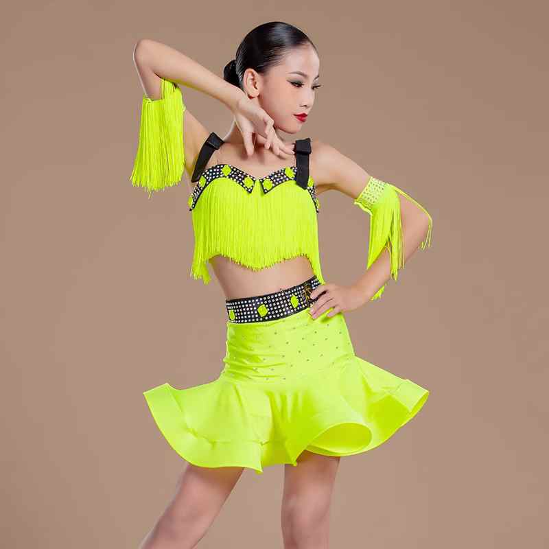 Professional Neon Yellow Pink Fringe Latin Dance Competition Dresses for Girls Kids Bling Diamond Samba Salsa Rumba Chacha Performance Costumes - Moderndancedress.com
