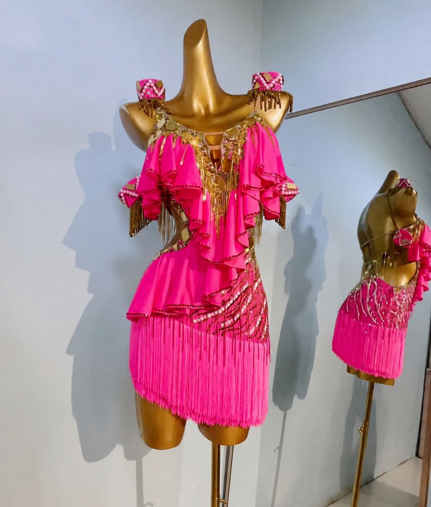 Custom Professional Hot Pink Latin Dress with Sequins & Moving Fringe