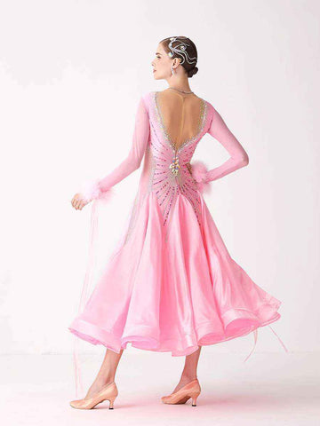 Custom Size Pink Feather Competition Ballroom Dance Dresses for Women Girls National Standard Waltz Tango Rhythm Dancing Gown