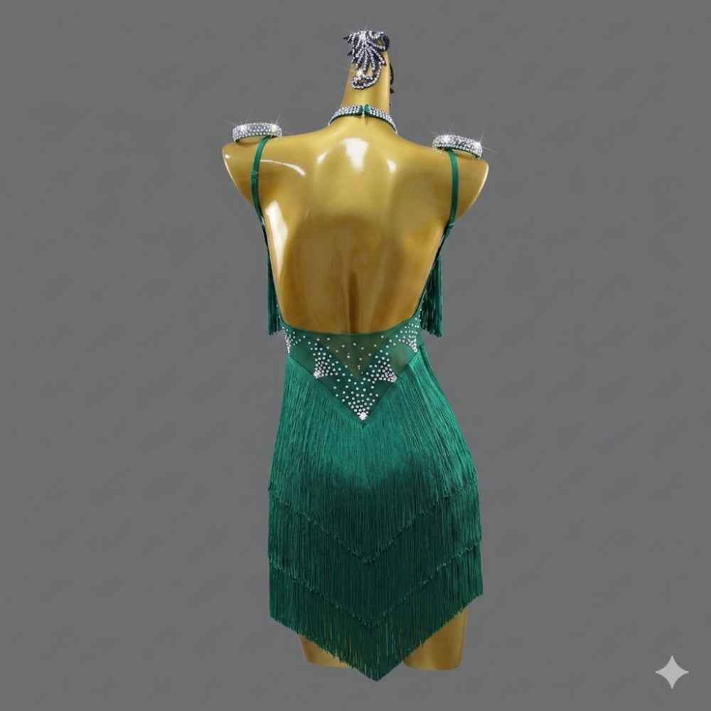 Custom Size Emerald Green Fringe Latin Dance Dress - Backless Spaghetti Strap Rhinestone Competition Outfit
