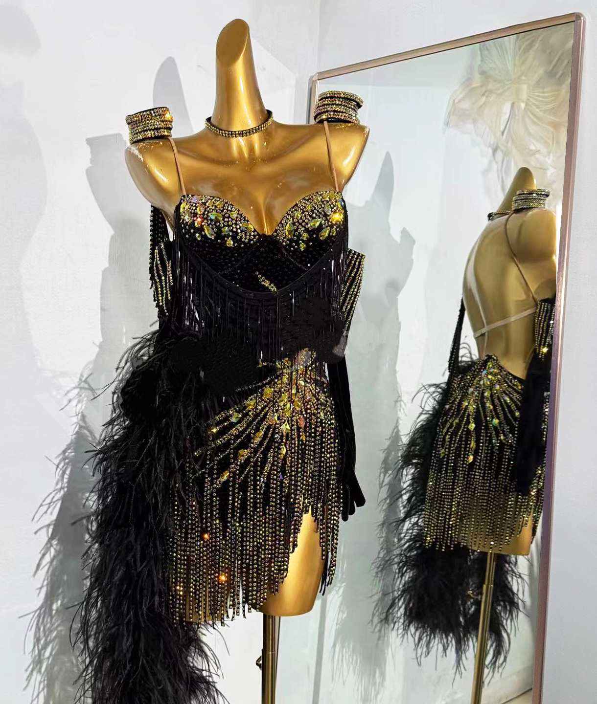 Custom Size Women's Black Latin Dance Dress Gold Stones Fringe Ostrich Hair Competition Costumes