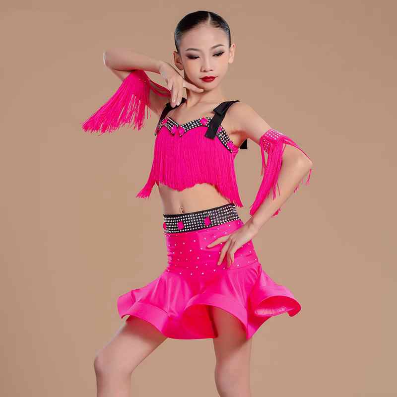 Professional Neon Yellow Pink Fringe Latin Dance Competition Dresses for Girls Kids Bling Diamond Samba Salsa Rumba Chacha Performance Costumes - Moderndancedress.com