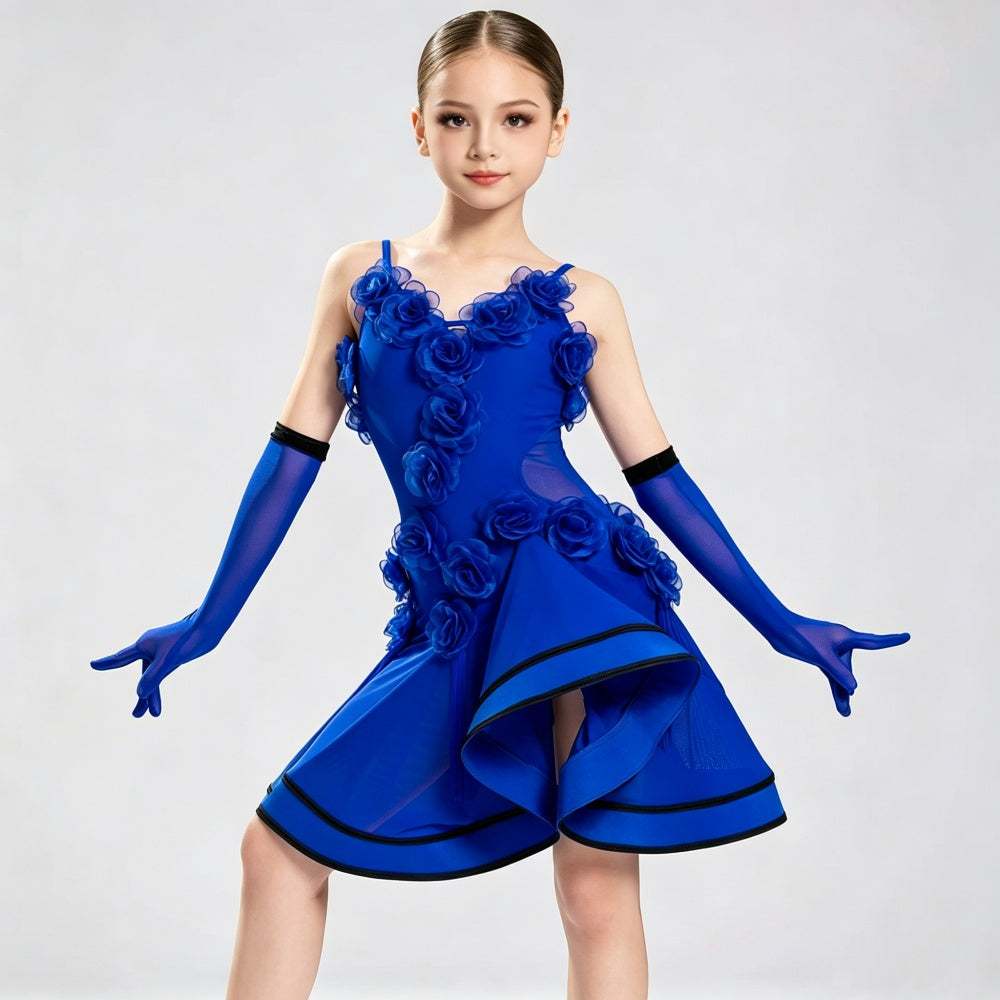 Girls Blue Flowers Latin Dance Dress for Kids Ballroom Salsa Chacha Art Test Regulations Costume