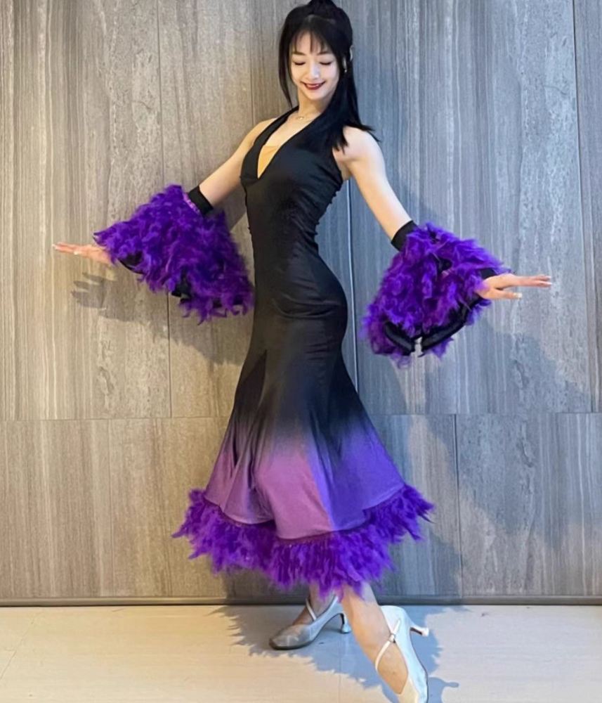 Purple Featther Ballroom Dance Dresses for Women Girls Hater Neck Waltz Tango Sleeveless Swing Skirts - Moderndancedress.com