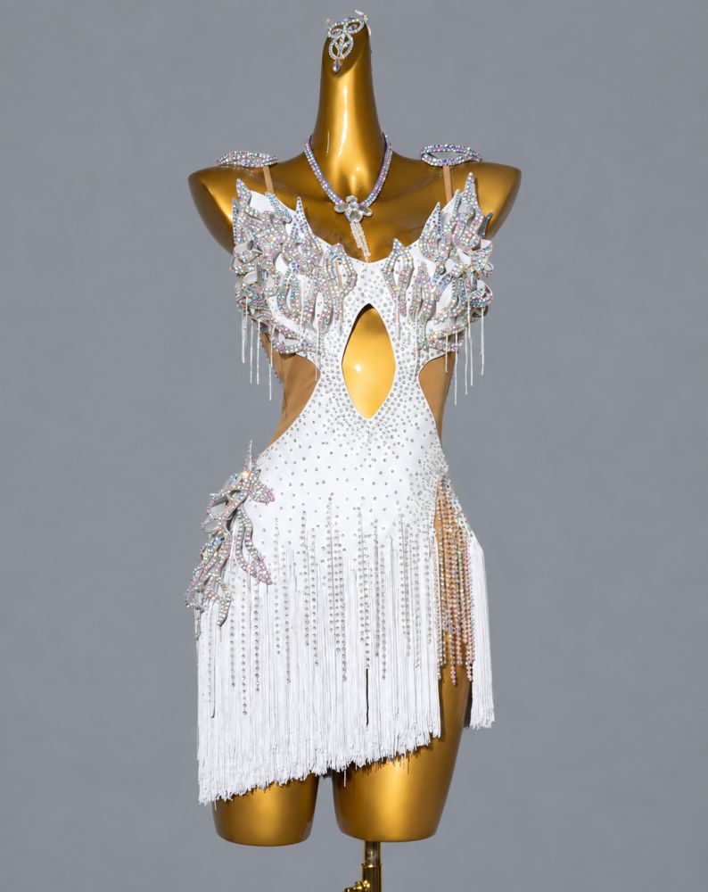 Custom Blue Pink Latin Dance Dress with Crystal Petals Rumba Samba Competition Gown