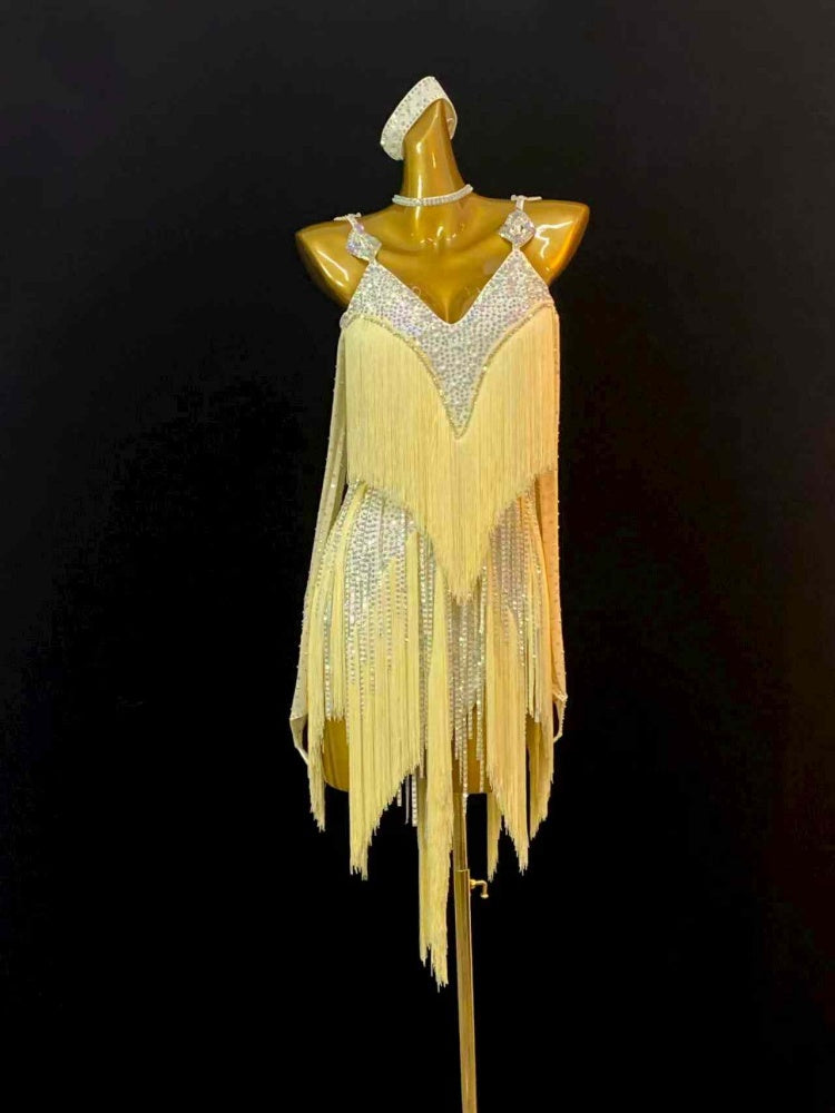 Custom Size Light Yellow Latin Dance Dresses for Women Girls Salsa Rumba Chacha Dancing Costumes