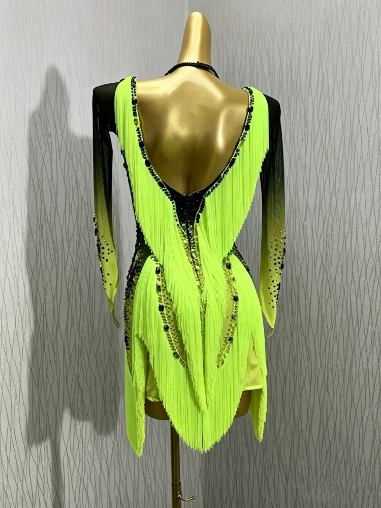 Custom Ombre Black Lime Green Latin Dress | Cha Cha & Salsa Dancewear