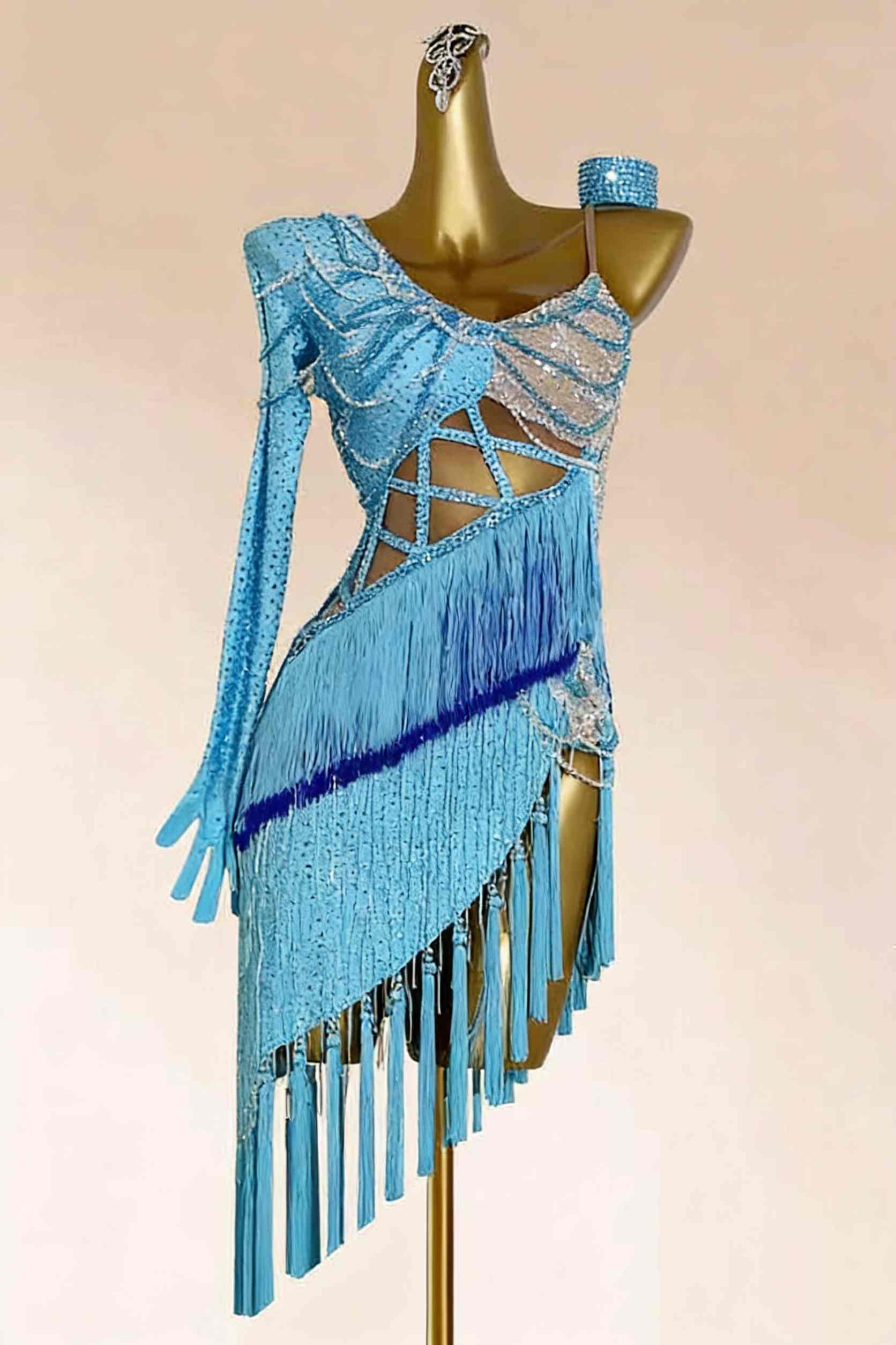 Custom Size One Shoulder Blue Latin Dance Dress Salsa Chacha Black Pool Competition Clothes