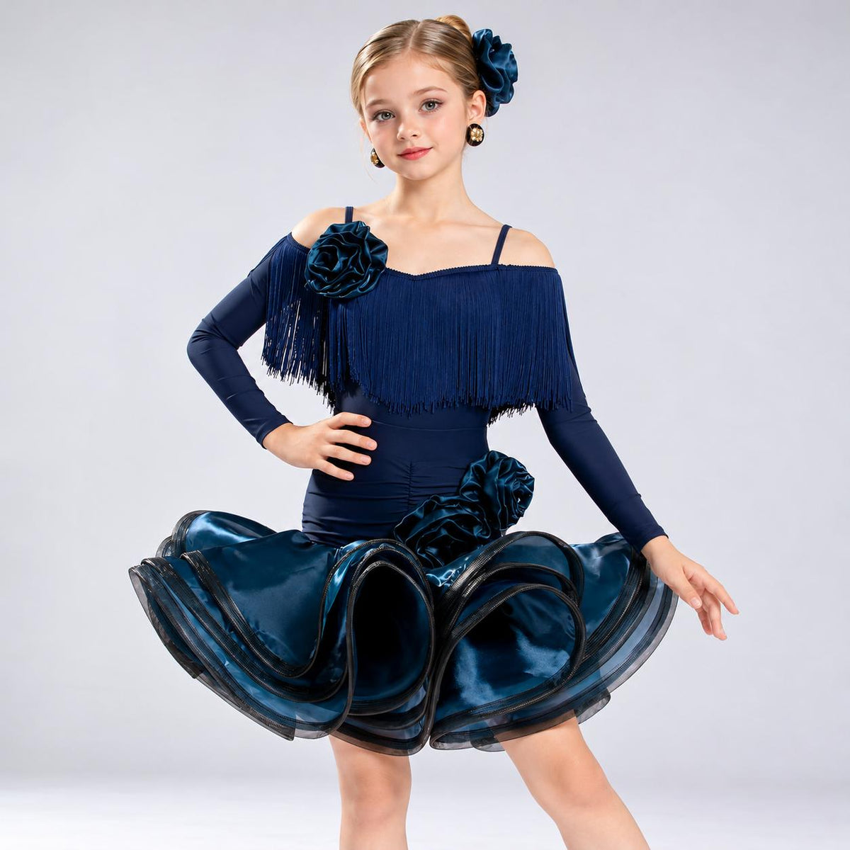 Girls Navy Blue Latin Dance Dress | Kids Ballroom Competition Gown