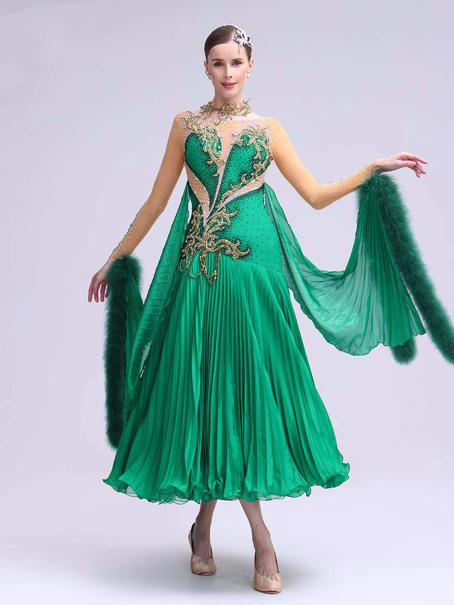 Custom Size Green Competition Ballroom Dance Dresses for Women Girls Waltz Tango Smooth Dance Long Dress - Moderndancedress.com