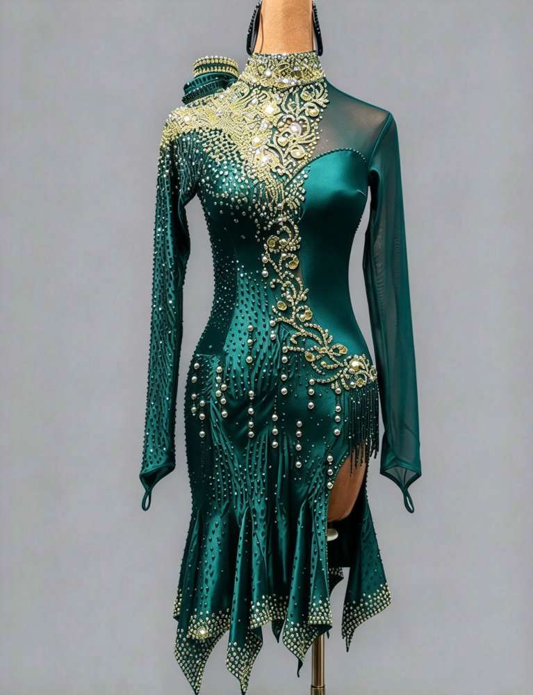 Custom Black & Gold Latin Dance Dress with Pearls Emerald Green Salsa Dance Costume