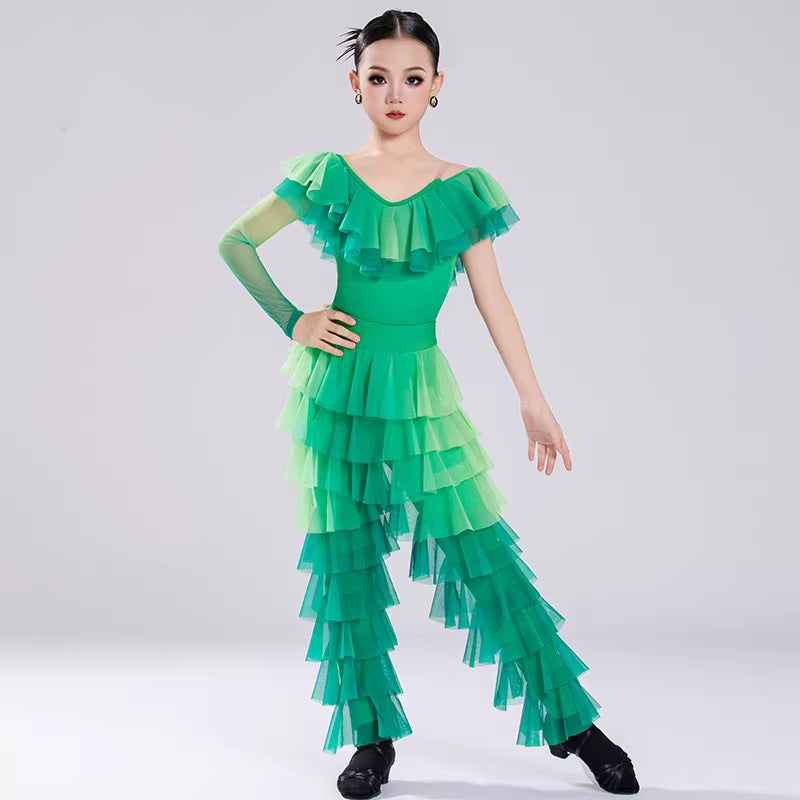 Girls Latin Dance Dress Emerald Green Ruffles Fringe Latin Ballroom Dance Costumes