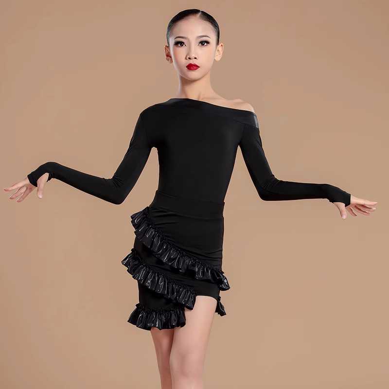 Black Slant Neck Ballroom Latin Dance Dresses for Girls Kids Salsa Rumba Chacha Long-sleeved Clothes Modern Dance Outfits for Children - Moderndancedress.com