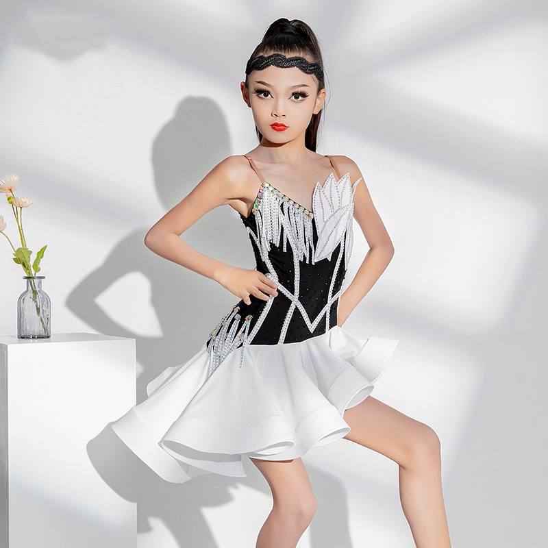 Girls Latin Dance Dresses White Black Petals Latin Salsa Rumba Chacha Performance Clothing for Kids