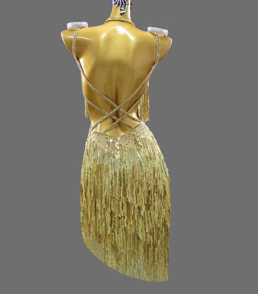 Custom Size Women's Gold Fringe Latin Dance Dress Salsa Chacha Competition Costumes