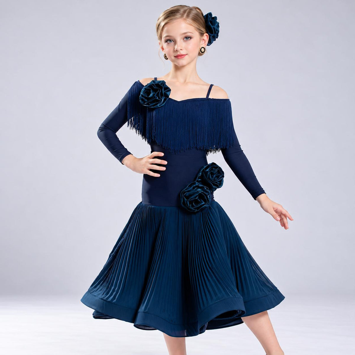 Girls Navy Blue Latin Dance Dress | Kids Ballroom Competition Gown